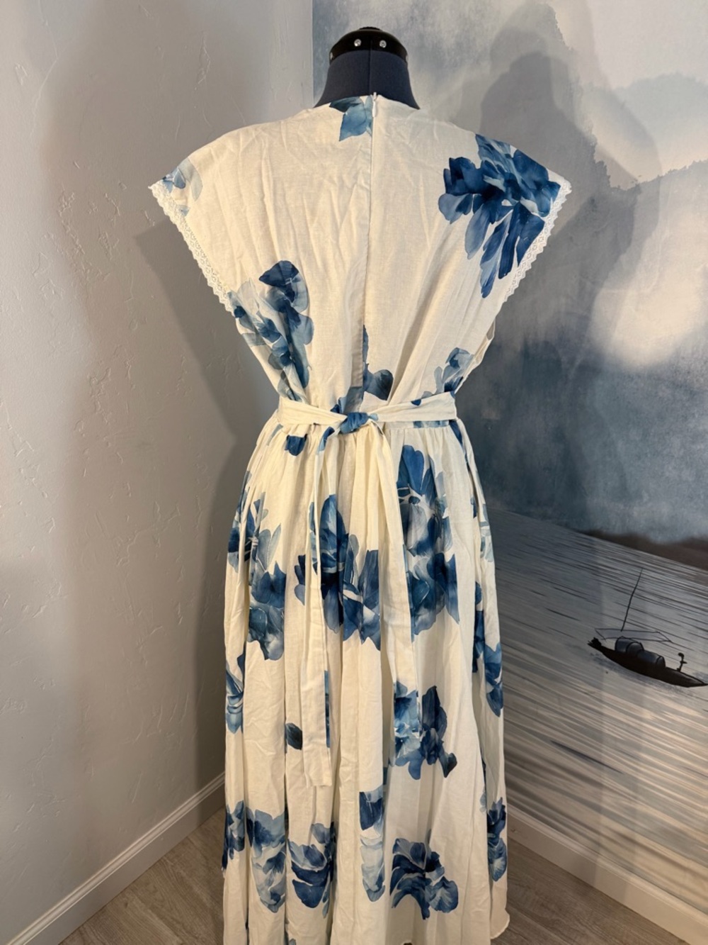 White Maxi Dress with Blue Floral Print #148 - Picture 6 of 10